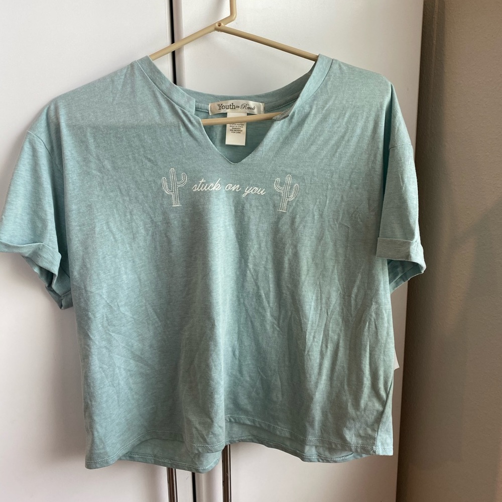 Mint green women's short sleeve shirt with cactus